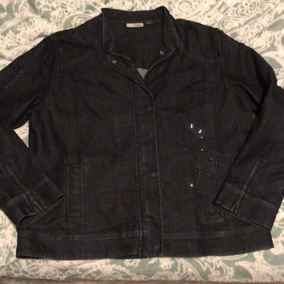 Chico’s Platinum Jean Jacket Rhinestone Embellished Size Large - Picture 11 of 16